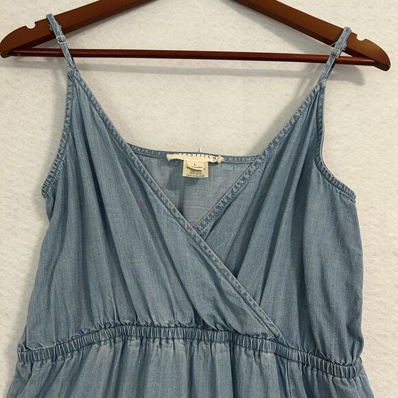 Lovestitch Sundress Women L Blue Chambray Maxi Straps Slit Preppy Boho Beach - Picture 9 of 12